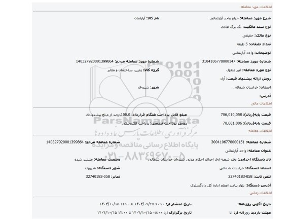 مزایده، واحد آپارتمانی