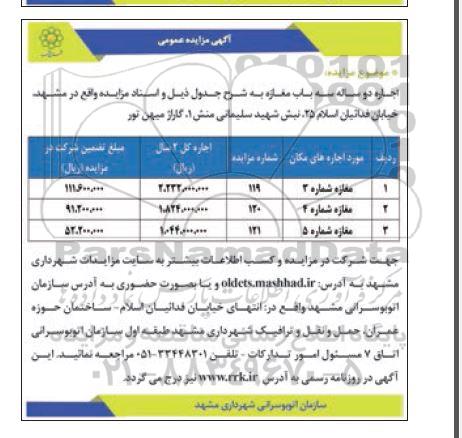 مزایده اجاره دو ساله سه باب مغازه 