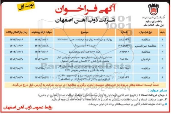 مناقصه رولیک و میز قفسه ژوکر نورد ....