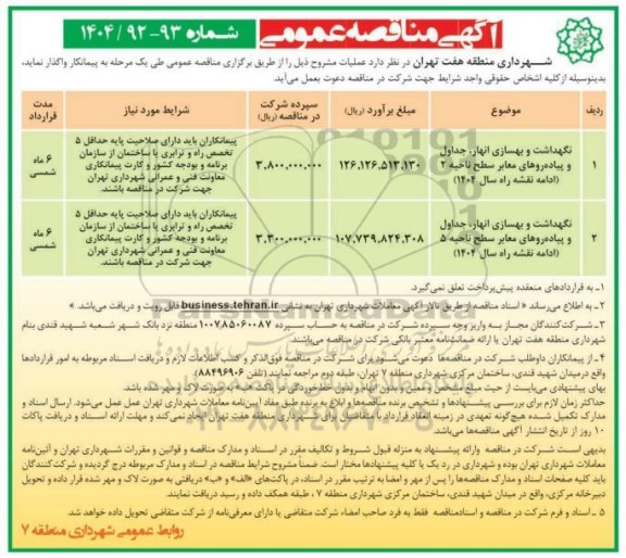 مناقصه نگهداشت و بهسازی انهار، جداول و پیاده روهای معابر ....