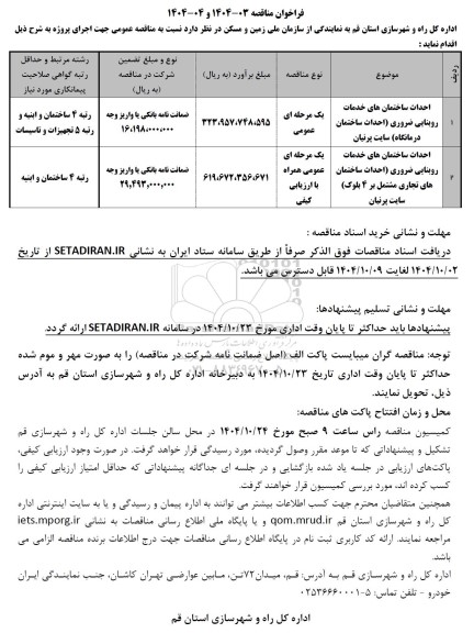 فراخوان مناقصه احداث ساختمان های خدمات روبنایی ضروری...
