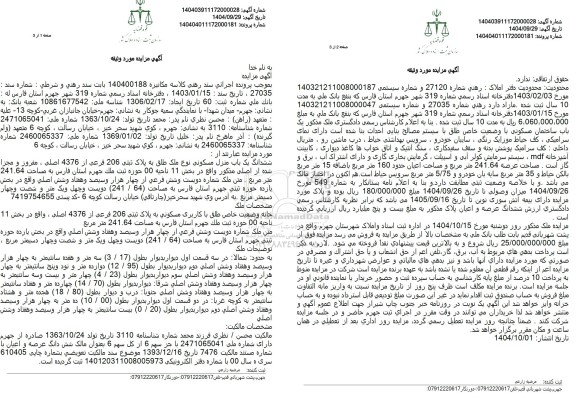 مزایده ششدانگ یک باب منزل مسکونی نوع ملک طلق به پلاک ثبتی 206 فرعی از 4376 اصلی