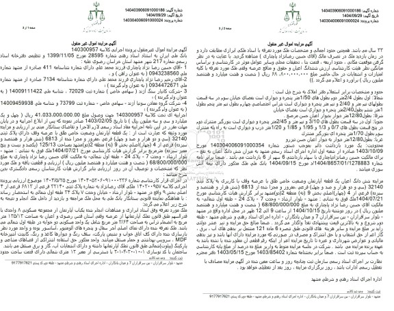 مزایده یک قطعه آپارتمان وضعیت خاص طلق با عرصه وقف دارای پلاک ثبتی 32140 فرعی ، مفروز و مجزا شده از 6813 