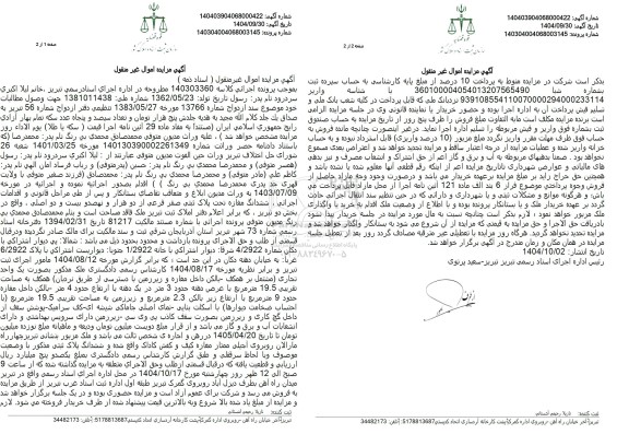 مزایده فروش ششدانگ مغازه تحت پلاک ثبتی صفر فرعی از دو هزار و نهصدو بیست و دو اصلی