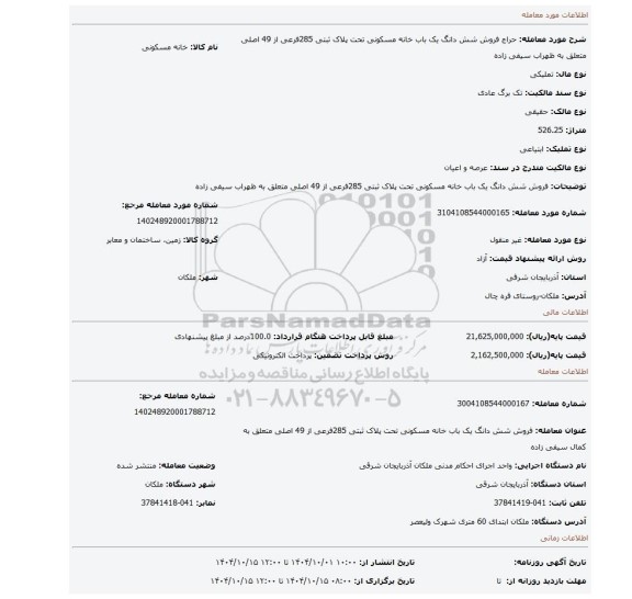 مزایده، فروش شش دانگ یک باب خانه مسکونی تحت پلاک ثبتی 285فرعی از 49 اصلی متعلق به ظهراب سیفی زاده