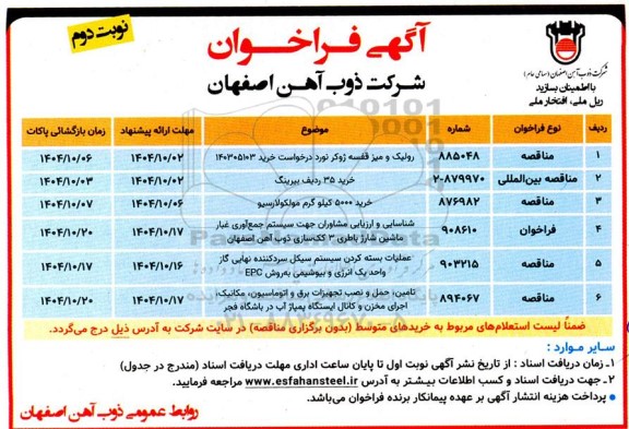 مناقصه رولیک و میز قفسه ژوکر نورد .... / نوبت دوم