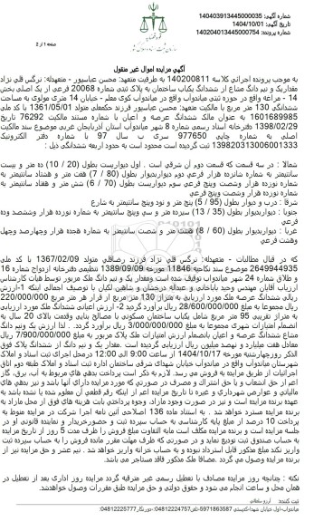 مزایده یک و نیم دانگ مشاع از ششدانگ یکباب ساختمان  به مساحت ششدانگی 130 متر مربع