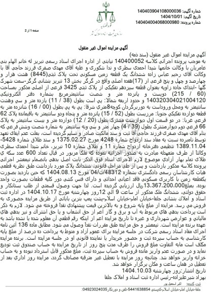 مزایده ششدانگ یک قطعه زمین مسکونی تحت پلاک ثبتی (8445) هشت هزار و چهارصد و چهل و پنج فرعی 