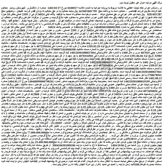 مزایده یک قطعه آپارتمان نوع ملک طلق به پلاک ثبتی 34024 فرعی از 2395 اصلی ، مفرور و مجزا مغرور و مجزا شده از 412868 فرعی از اصلی