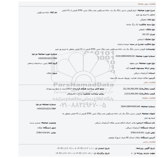 مزایده، فروش شش دانگ یک باب خانه مسکونی تحت پلاک ثبتی 5791 فرعی از 41 اصلی متعلق به مریم پور عزیز