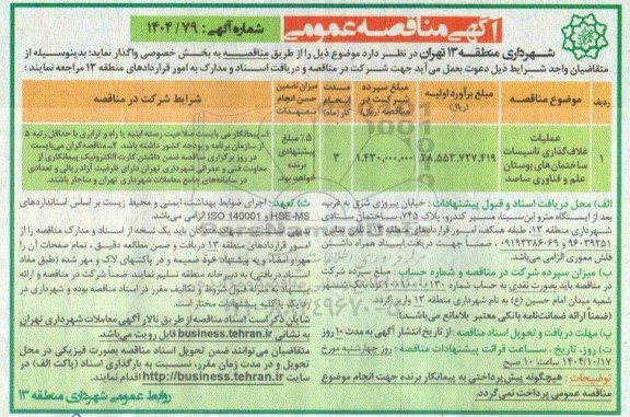 مناقصه عملیات غلاف گذاری تاسیسات ساختمان های بوستان علم و فناوری ساصد