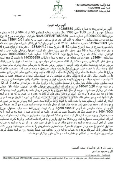 مزایده ششدانگ خودرو رانا تیپ TUS 
