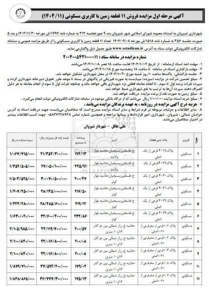 مزایده فروش 11 قطعه زمین با کاربری مسکونی
