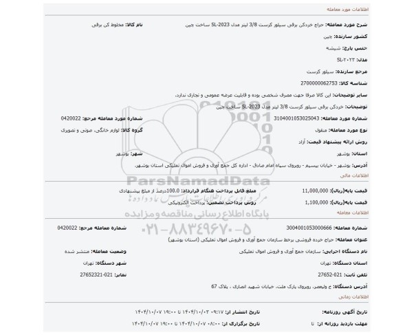 مزایده، خردکن برقی سیلور کرست 3/8 لیتر مدل SL-2023 ساخت چین