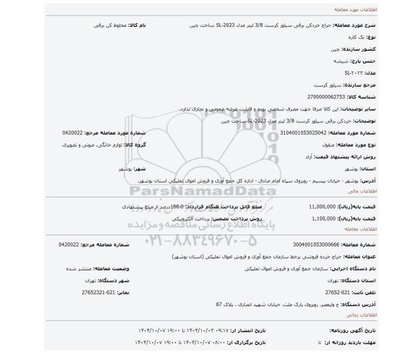مزایده، خردکن برقی سیلور کرست 3/8 لیتر مدل SL-2023 ساخت چین
