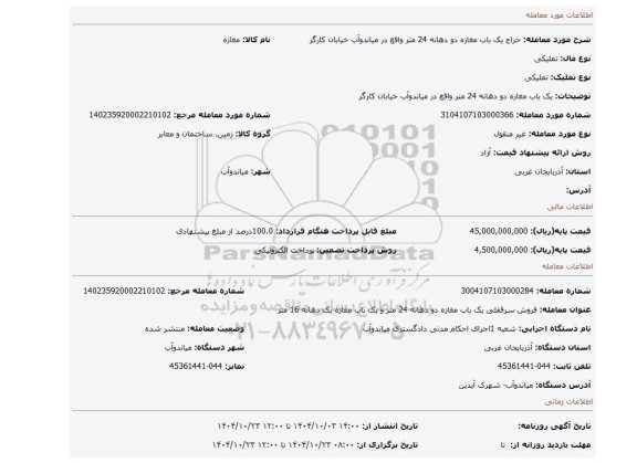 مزایده، یک باب مغازه دو دهانه 24 متر واقع در میاندوآب خیابان کارگر