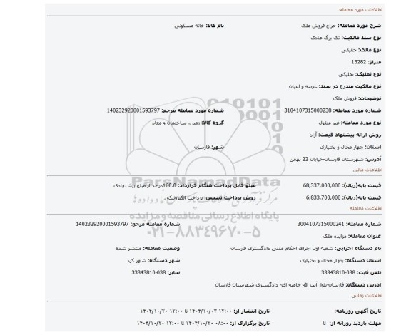 مزایده، فروش ملک
