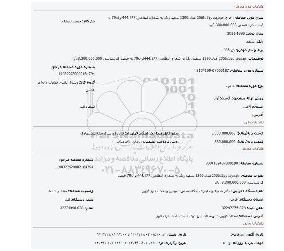 مزایده، خودروی پزو206tu5 مدل:1390 سفید رنگ به شماره انتظامی:77ق444ایران79 به قیمت کارشناسی 3.300.000.000 ریا