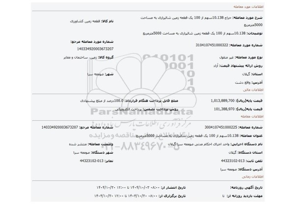 مزایده، 10.138سهم از 100 یک قطعه زمین شالیزاری به مساحت 5000مترمربع