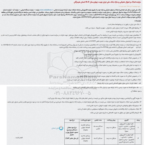 مزایده املاک و اموال تملیکی و مازاد بانک ملی - نوبت چهارم