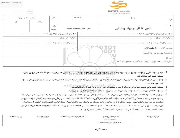 استعلام تامین 12 قلم تجهیزات روشنایی