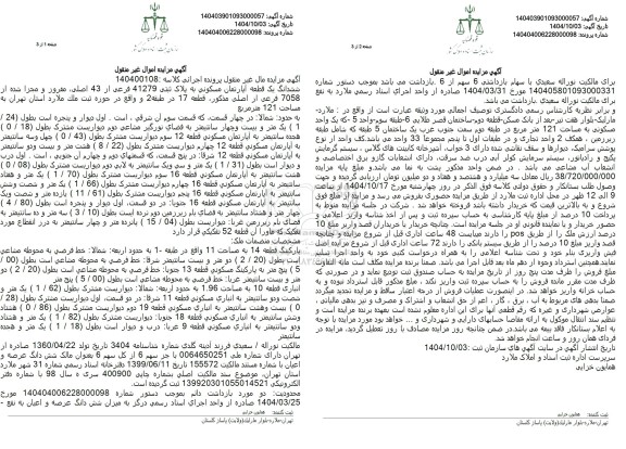 مزایده ششدانگ یک قطعه آپارتمان مسکونی 