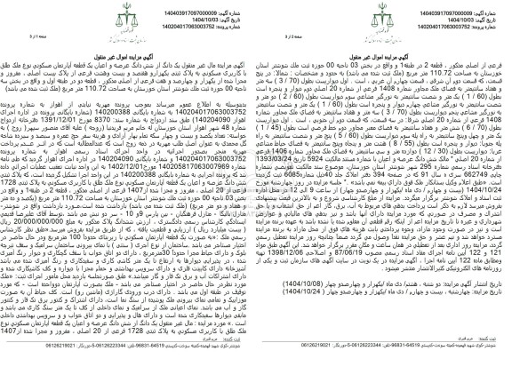 آگهی مزایده یک دانگ از شش دانگ عرصه و اعیان یک قطعه آپارتمان مسکونی