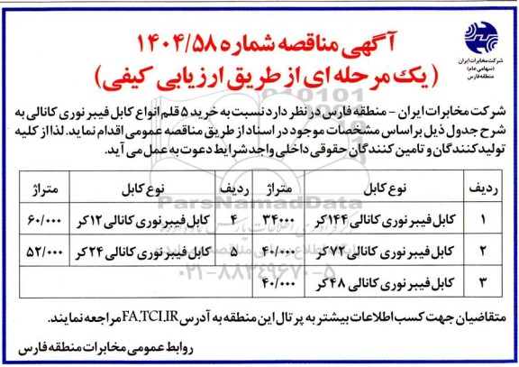 مناقصه خرید 5 قلم انواع کابل فیبر نوری کانالی