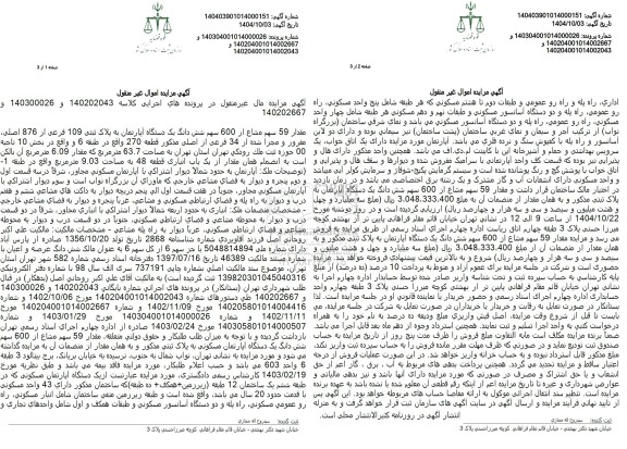 مزایده مقدار 59 سهم مشاع از 600 سهم شش دانگ یک دستگاه آپارتمان به پلاک ثبتی 109 فرعی از 876 اصلی 