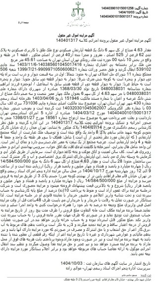 مزایده مقدار 4.63 مشاع از کل سهم 6 دانگ یک قطعه آپارتمان مسکونی 