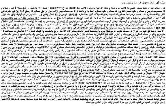 مزایده ملک به پلاک ثبتی 109345 فرعی از 88 اصلی 