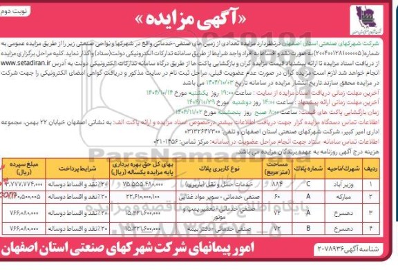 مزایده تعدادی از زمینهای صنفی خدماتی نوبت دوم 