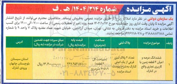 مزایده ششدانگ عرصه و اعیان 4 قطعه زمین با کاربری تجاری