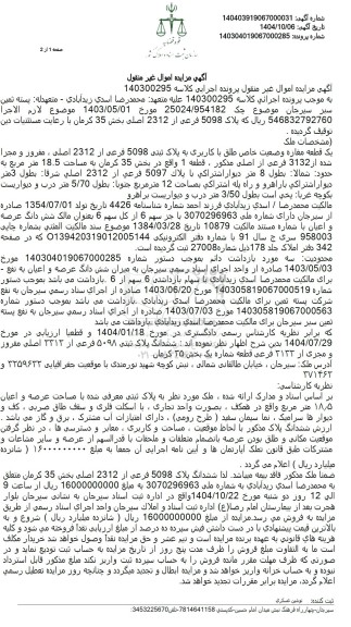 مزایده یک قطعه مغازه وضعیت خاص طلق با کاربری به پلاگ 5098 فرعی از 2312 اصلی، مفروز و مجزا شده از 3132 فرعی از اصلی 