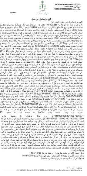 مزایده دو و نیم دانگ مشاع از ششدانگ مشخصات ملک یک قطعه خانه و مغازه نوع ملک طلق با کاربری به پلاک ثبتی 10400 فرعی از 15 اصلی