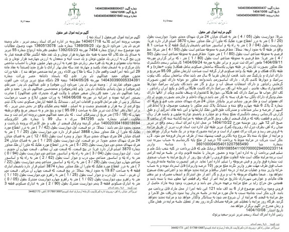 آگهی مزایده اموال  ششدانگ یک قطعه آپارتمان مسکونی تحت پلاک ثبتی