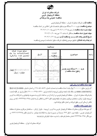 مناقصه خرید 4000 دستگاه مودم 