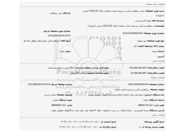مزایده،  سرقفلی و کسب و پیشه تجارت مغازه ( پلاک 1570/125 بخش 11تهران)