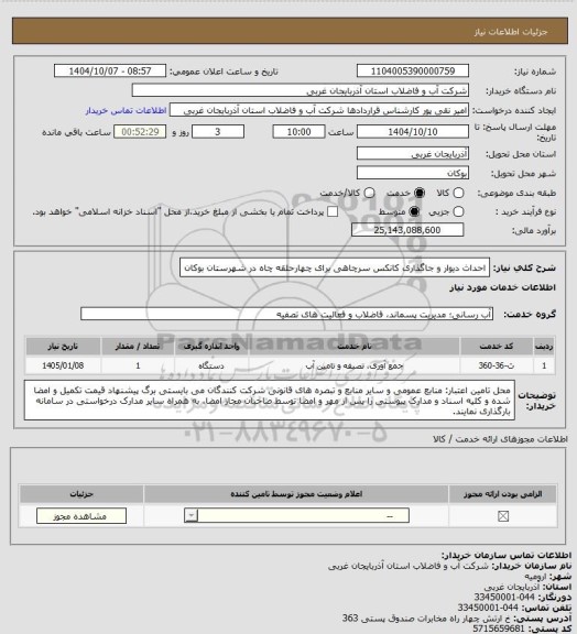 استعلام احداث دیوار و جاگذاری کانکس سرچاهی برای چهارحلقه چاه در شهرستان بوکان