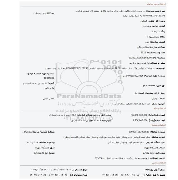 مزایده، سواری کار فولکس واگن سال ساخت  2022 - سرمه ای- شماره شاسی  LFVVB9E7XN5169293-   به شرط بازدید و رویت