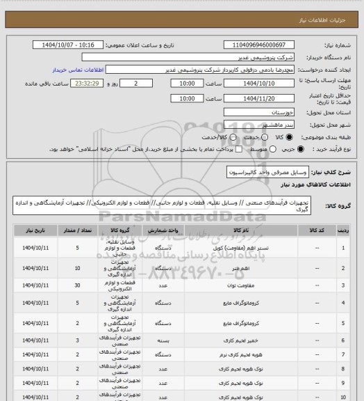استعلام   وسایل مصرفی واحد کالیبراسیون