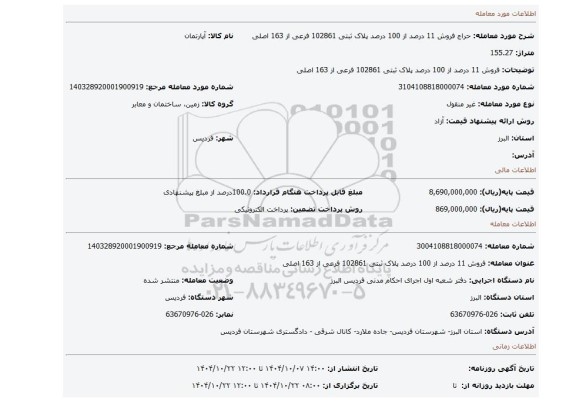 مزایده، فروش 11 درصد از 100 درصد پلاک ثبتی 102861 فرعی از 163 اصلی