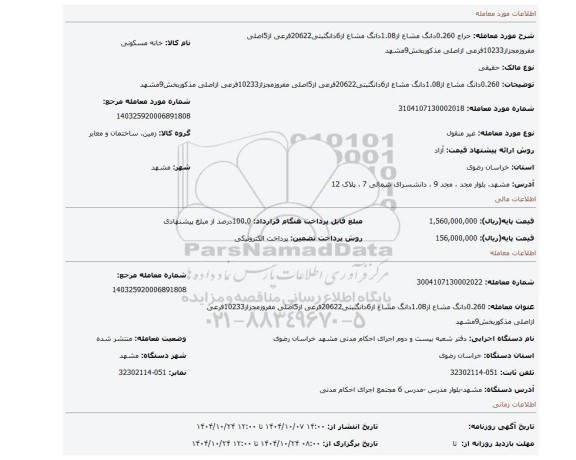 مزایده، 0.260دانگ مشاع از1.08دانگ مشاع از6دانگثبتی20622فرعی از5اصلی مفروزمجزاز10233فرعی ازاصلی مذکوربخش9مشهد