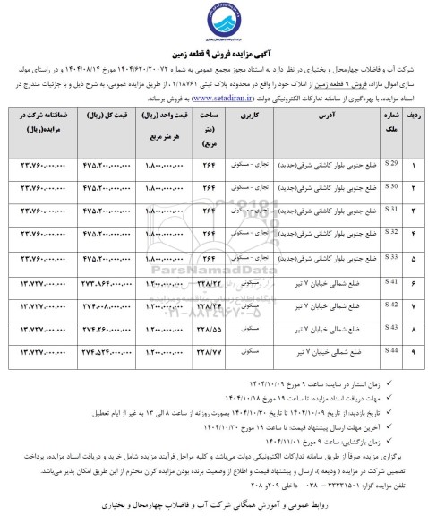 آگهی مزایده فروش 9 قطعه زمین