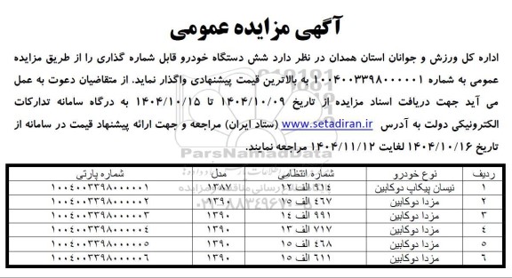 مزایده واگذاری شش دستگاه خودرو قابل شماره گذاری