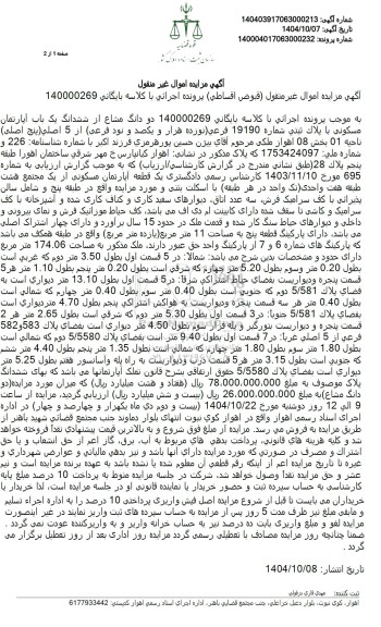 مزایده دو دانگ مشاع از ششدانگ یک باب آپارتمان مسکونی