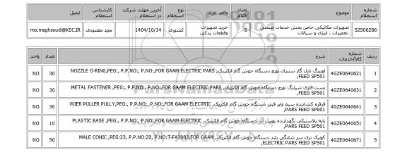 استعلام تجهیزات مکانیکی خاص بخش خدمات صنعتی ،تعمیرات ، انرژی و سیالات