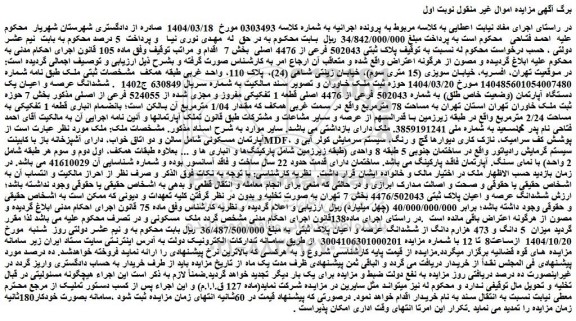 مزایده ششدانگ عرصه و اعیان یک دستگاه آپارتمان (وضعیت خاص طلق) به شماره 502043 فرعی از 4476 اصلی قطعه 1 تفکیکی مفروز و مجزی شده از 524055 فرعی از اصلی