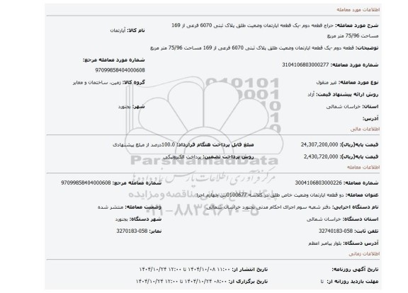 مزایده، قطعه دوم -یک قطعه اپارتمان وضعیت طلق پلاک ثبتی 6070 فرعی از 169 مساحت 75/96 متر مربع