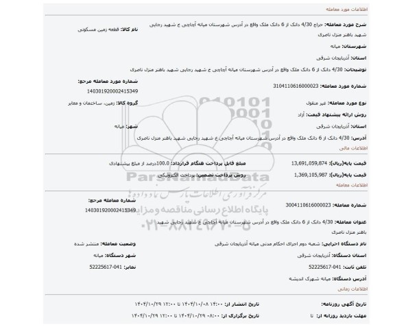 مزایده، 4/30 دانک از 6 دانک ملک واقع در آدرس شهرستان میانه آچاچی خ شهید رجایی شهید باهنر منزل ناصری
